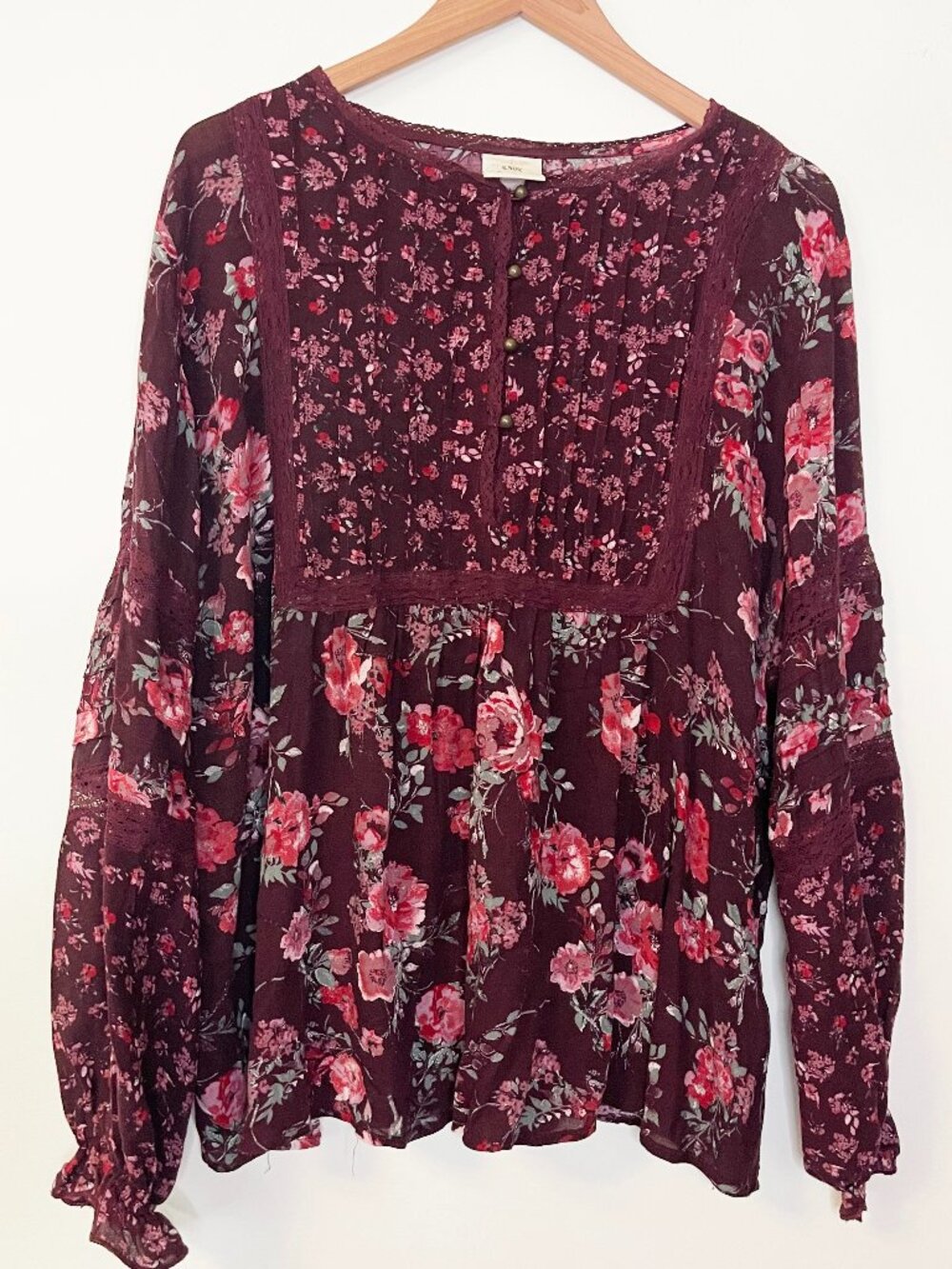 Knox Rose XXL Burgundy Fall Floral Lace Boho Peasant Blouse Prairie Style